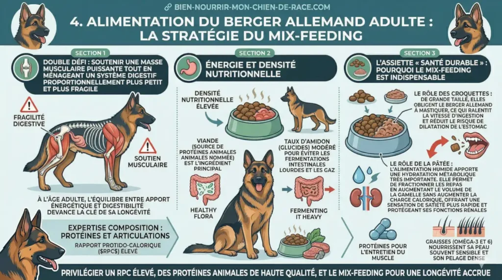 Infographie expert détaillée de bien-nourrir-mon-chien-de-race.com sur l'Alimentation du Berger Allemand Adulte et la Stratégie du Mix-Feeding. L'image présente un Berger Allemand adulte puissant à côté de quatre sections structurées avec des illustrations précises. La Section 1 traite du « Double Défi : Soutenir une masse musculaire puissante tout en ménageant un système digestif proportionnellement plus petit et plus fragile », montrant une vue squelettique et musculaire avec des icônes d'avertissement pour la fragilité digestive et le soutien musculaire. La Section 2 détaille « Énergie et Densité Nutritionnelle », recommandant une densité élevée, la viande comme ingrédient principal et un taux d'amidon modéré pour éviter gaz et fermentations lourdes, illustrant des intestins sains vs fermentants. La Section 3, « L’Assiette « Santé Durable » : Pourquoi le Mix-Feeding est Indispensable », compare les croquettes de grande taille forçant la mastication pour réduire le risque de dilatation d'estomac, à la pâtée pour une hydratation métabolique accrue, un fractionnement facilité sans surcharge calorique, offrant une satiété rapide et protégeant les reins (icônes d'hydratation et de reins). La Section 4, « Expertise Composition : Protéines et Articulations », analyse l'importance d'un Rapport Protido-Calorique ($RPC$) élevé pour l'entretien du muscle, complété par des Oméga-3 et 6 pour nourrir la peau sensible et le pelage dense, avec des graphiques de muscles et de peau saine. Le bas de l'infographie présente un bandeau de conseil final : « PRIVILÉGIER UN RPC ÉLEVÉ, DES PROTÉINES ANIMALES DE HAUTE QUALITÉ, ET LE MIX-FEEDING POUR UNE LONGÉVITÉ ACCRUE ». L'esthétique est celle d'un guide professionnel, utilisant une palette de couleurs bleues, vertes et chaudes cohérente avec les infographies précédentes.
