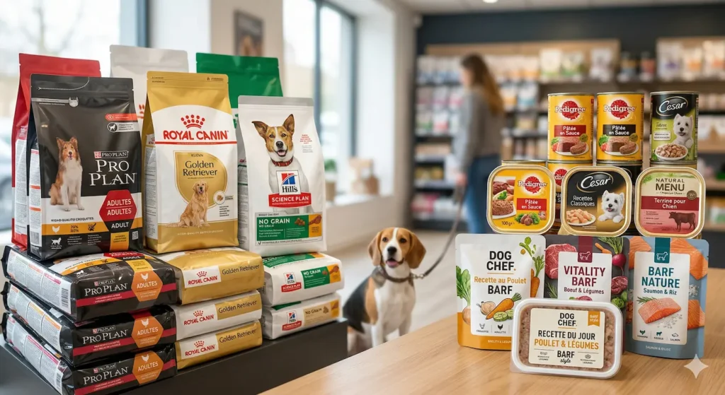 photo avec des paquets de croquettes pour chien d'un coté, des la paté pour chien de l autre et devant des emballages type barf dog chef